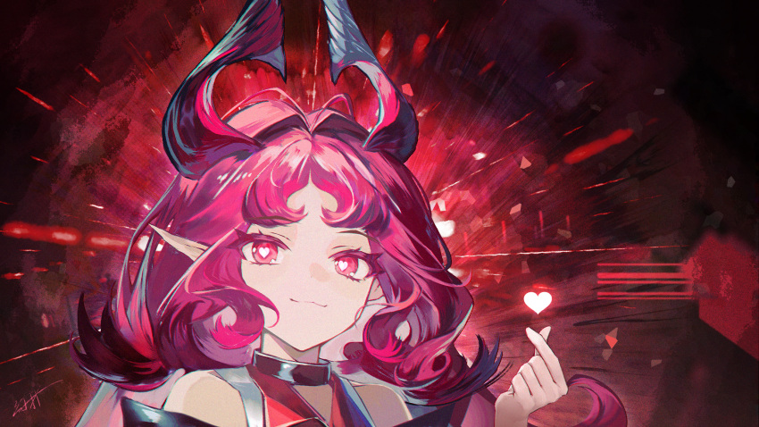 1girl, :3, arknights, bare_shoulders, bright_pupils, closed_mouth, finger_heart, hair_intakes