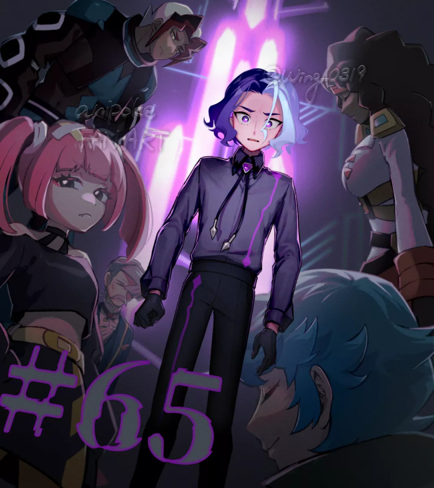 2girls, 4boys, amethio_(pokemon), aqua_hair, belt, black_gloves, black_pants, black_shirt