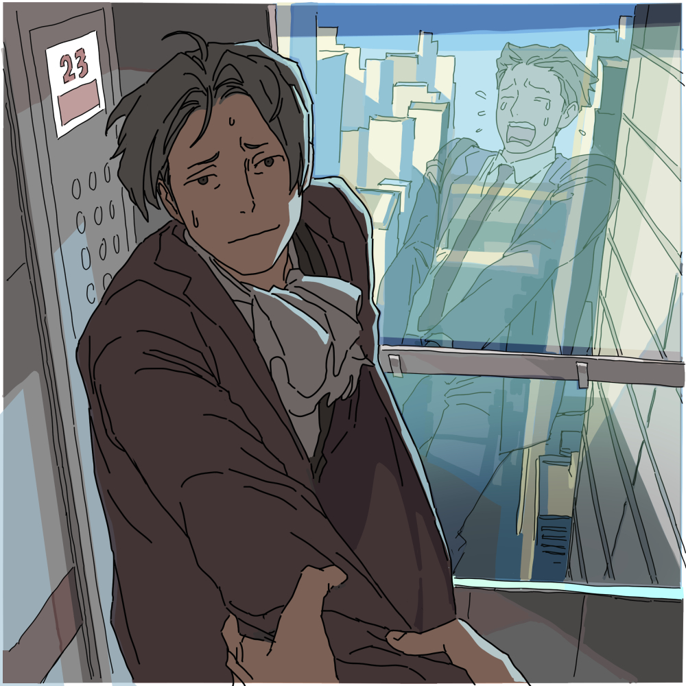 2boys, :|, ace_attorney, ascot, blue_jacket, blue_pants, border, cityscape