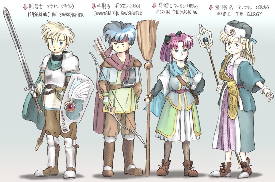 2boys, 2girls, arche_klein, archived_source, armor, armored_boots, arrow_(projectile), bandaid