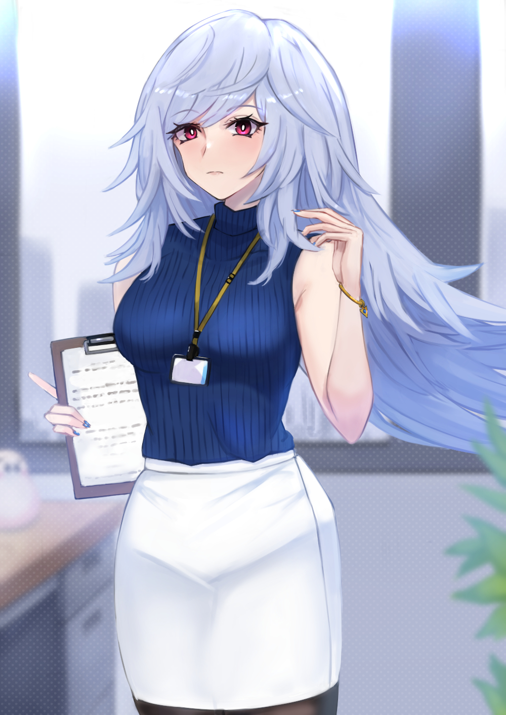 1girl, blue_nails, clipboard, desk, duel_monster, fullborem, grey_hair, highres
