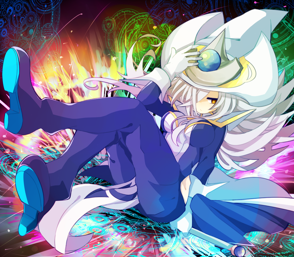 1girl, bad_id, bad_pixiv_id, blue_bodysuit, bodysuit, duel_monster, gloves, grey_hair