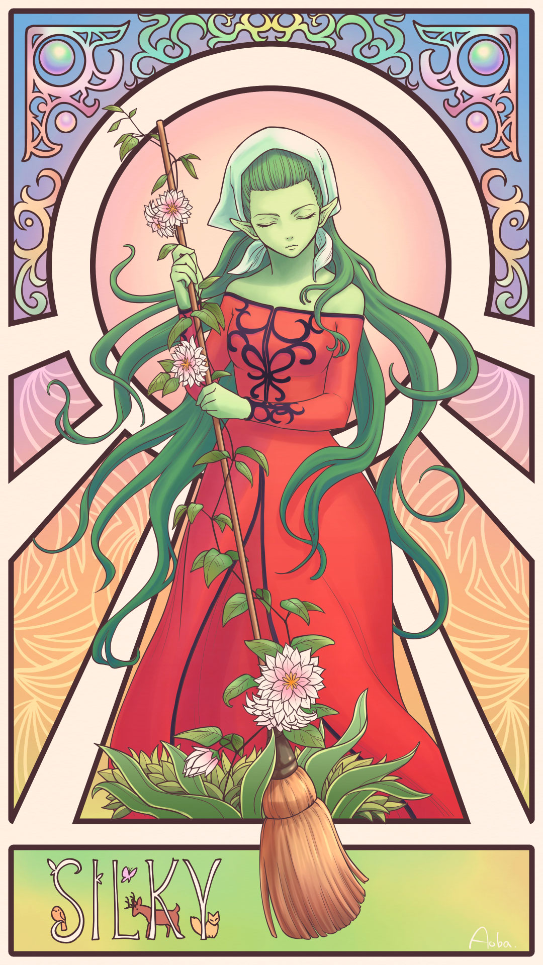 1girl, 3:, bare_shoulders, bird, breasts, broom, bug, butterfly