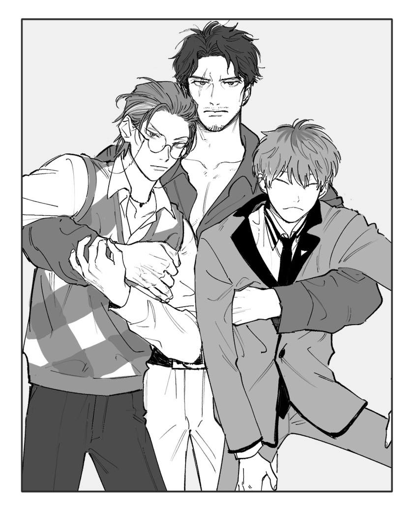 3boys, :<, ^_^, amayado_rei, argyle_clothes, argyle_sweater_vest, arm_around_back, beard_stubble