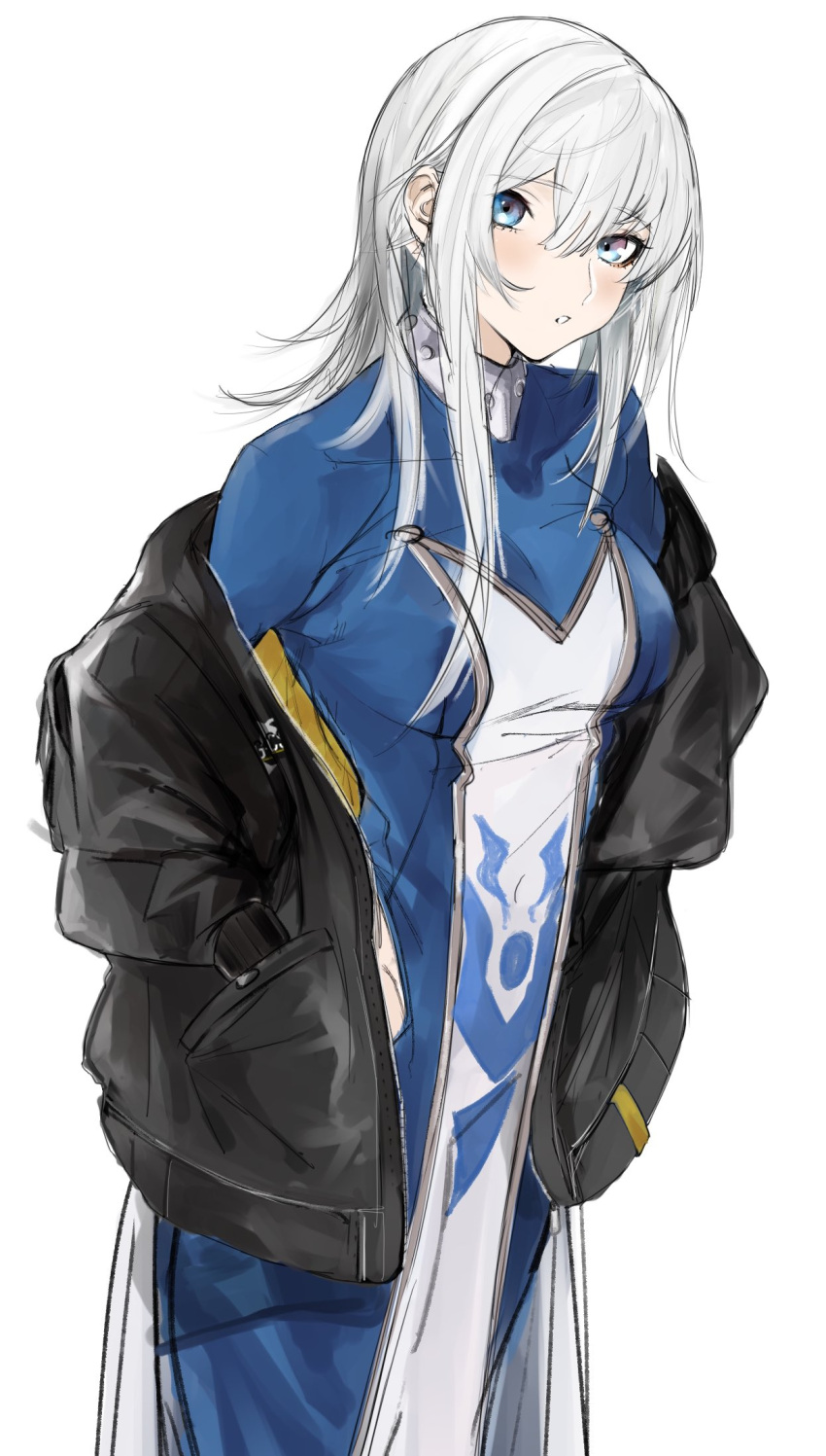 1girl, black_jacket, blue_dress, bontomu, dress, duel_monster, grey_hair, hair_between_eyes, highres, jacket, long_hair, parted_lips, silent_magician, simple_background, tabard, white_background, white_tabard, yu-gi-oh!