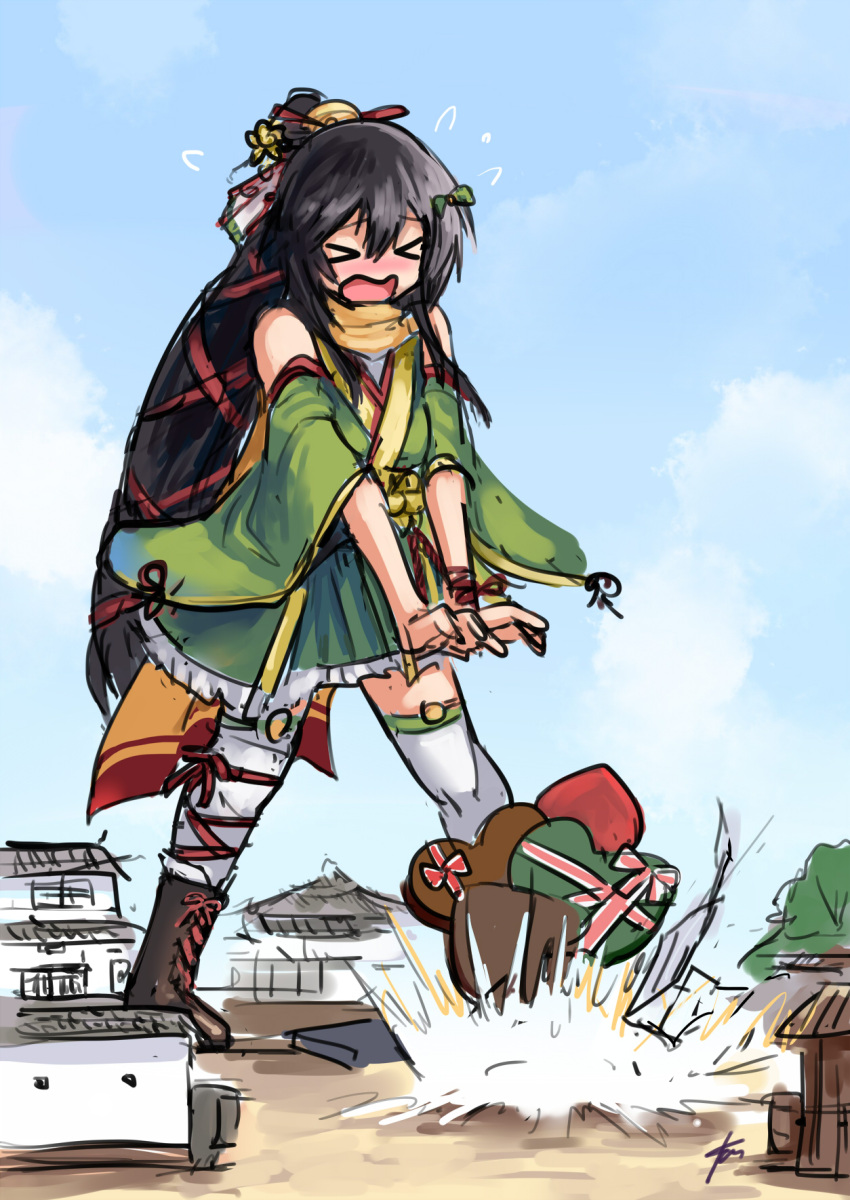 >_<, 1girl, architecture, black_hair, box, building, clouds, commentary_request