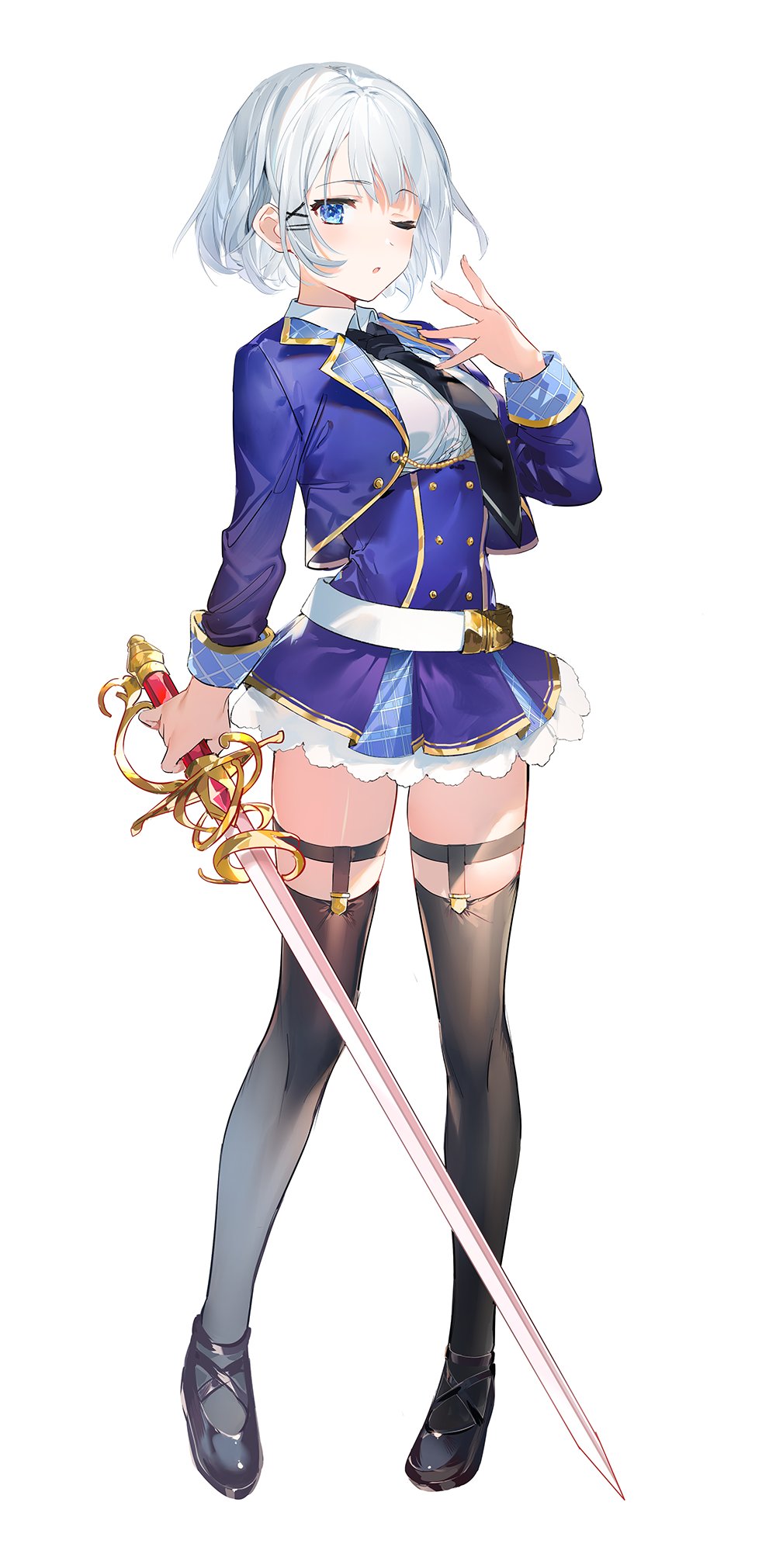 1girl, alternate_costume, black_necktie, black_thighhighs, blue_eyes, blue_jacket, blue_skirt, cosplay, excalibur_academy_school_uniform, full_body, hair_ornament, hairclip, highres, holding, holding_sword, holding_weapon, jacket, long_sleeves, miniskirt, necktie, one_eye_closed, open_clothes, open_jacket, school_uniform, seiken_gakuin_no_maken_tsukai, shirt, short_hair, siesta_(tantei_wa_mou_shindeiru), simple_background, skirt, solo, standing, sword, thigh-highs, umibouzu_(niito), underbust, weapon, white_background, white_hair, white_shirt, x_hair_ornament, zettai_ryouiki