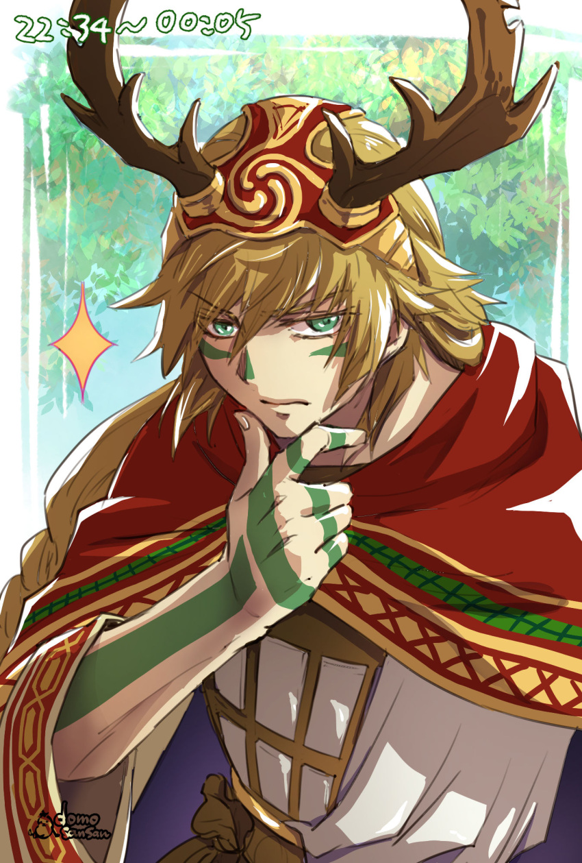1boy, antlers, bishounen, bodypaint, cloak, closed_mouth, facepaint, fionn_mac_cumhaill_(megami_tensei)