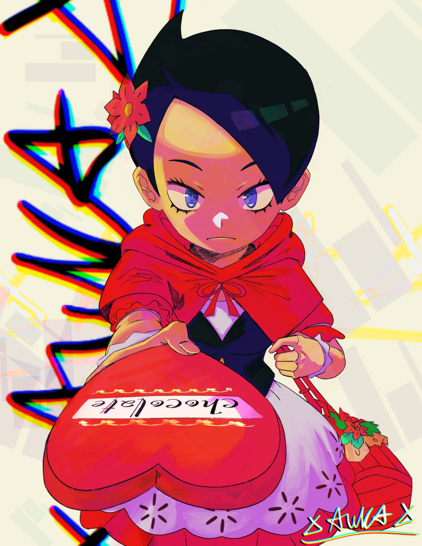 1girl, aurathyzora, aurax118, black_hair, blue_hair, box, cowlick, flower