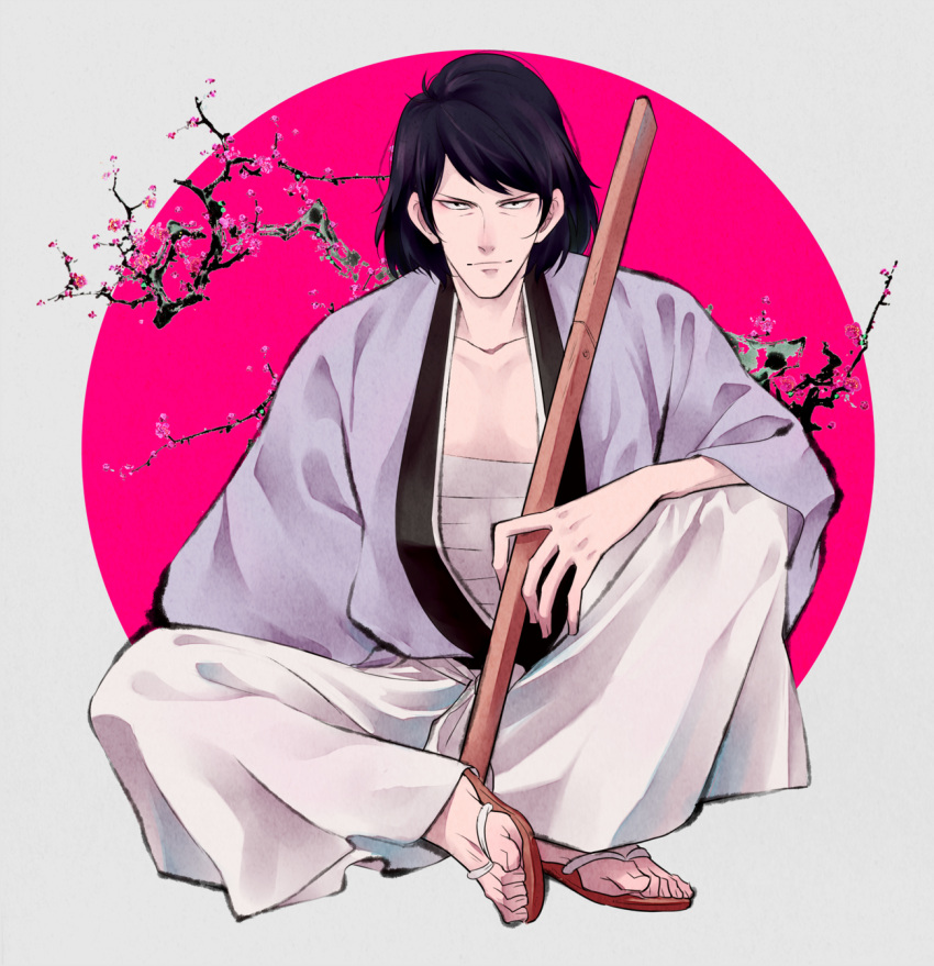 1boy, bandaged_chest, bandages, black_eyes, black_hair, closed_mouth, commentary_request, english_commentary