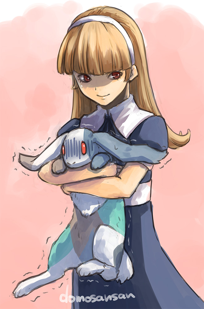 1girl, alice_(megami_tensei), animal, blonde_hair, blue_dress, blunt_bangs, closed_mouth, dress