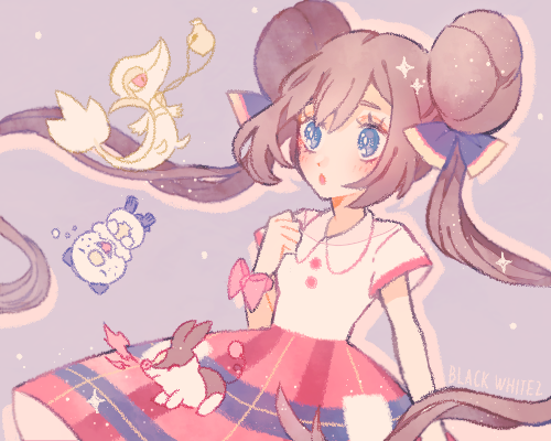 1girl, :o, blue_background, blue_eyes, blush, bow, brown_hair, collared_shirt, donut_hair_bun, double_bun, fire, hair_bow, hair_bun, long_hair, looking_at_another, lowres, official_alternate_costume, open_mouth, oshawott, pig, pink_bow, pokemon, pokemon_(creature), pokemon_bw2, pokestar_studios, purple_bow, red_eyes, red_skirt, rosa_(pokemon), ryokuno_green, shirt, short_sleeves, simple_background, skirt, snake, snivy, solo_focus, standing, starter_pokemon_trio, tepig, twintails, upper_body, white_shirt