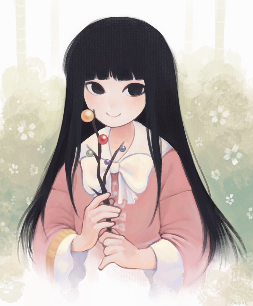 1girl, aolyxe, black_eyes, black_hair, bow, bowtie, branch, closed_mouth