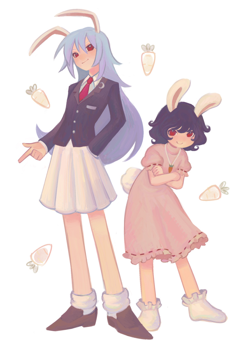 2girls, animal_ears, aolyxe, black_jacket, blazer, blue_hair, carrot, carrot_necklace