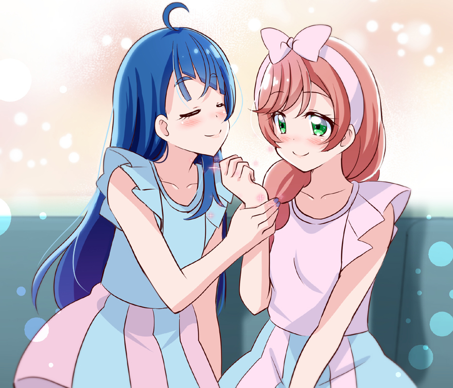 2girls, alternate_hairstyle, blue_shirt, bow, closed_eyes, closed_mouth, commentary_request, couch