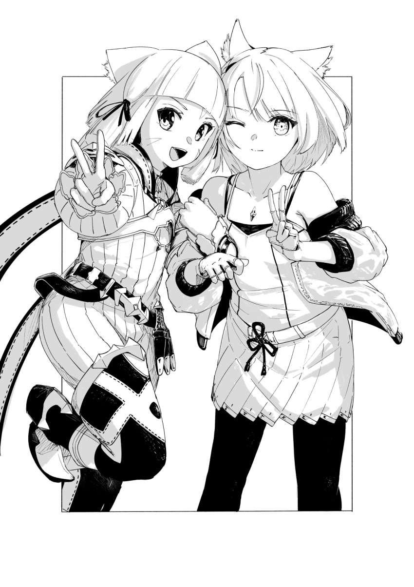 2girls, animal_ear_fluff, animal_ears, belt, blunt_bangs, boots, camisole, cat_ears