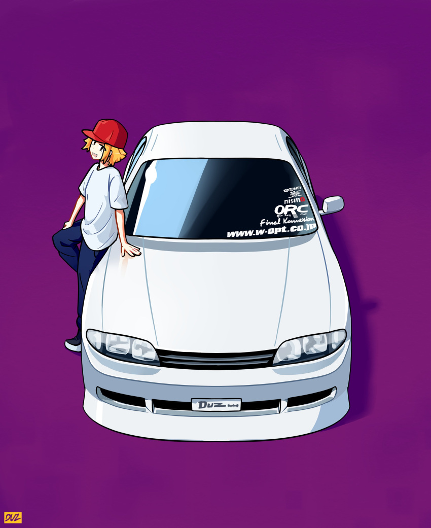1girl, absurdres, artist_name, baseball_cap, black_shoes, blue_pants, brown_eyes, car