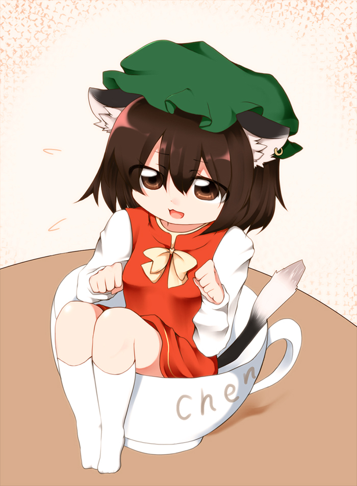 animal_ears, brown_eyes, brown_hair, cat_ears, cat_pose, cat_tail, chen, cup