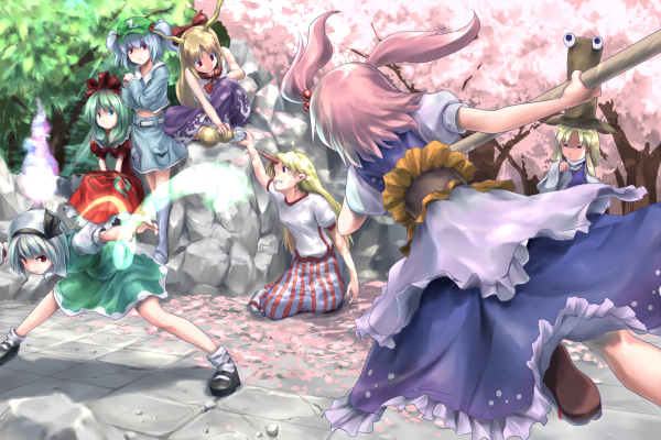 battle, cherry_blossoms, eno_(whiskeyne), horn, hoshiguma_yuugi, ibuki_suika, kagiyama_hina, kawashiro_nitori