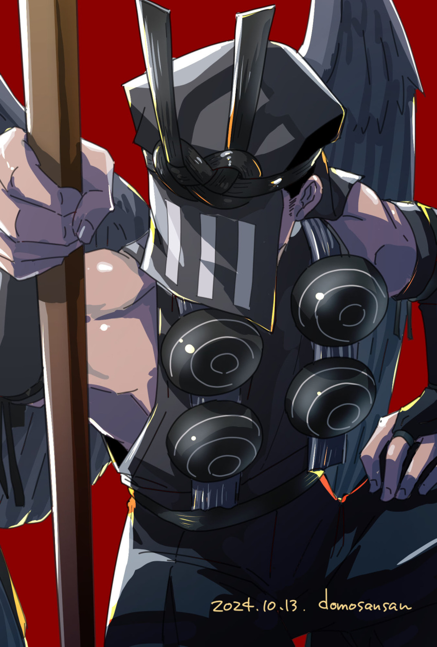 1boy, 2024, bare_shoulders, bird_wings, black_bridal_gauntlets, black_pants, black_wings, bridal_gauntlets, dated, feathered_wings, hand_on_own_thigh, highres, holding, holding_staff, karasu_tengu_(megami_tensei), male_focus, pants, red_background, shin_megami_tensei, shinabita_nasubi, simple_background, solo, staff, veil, wings