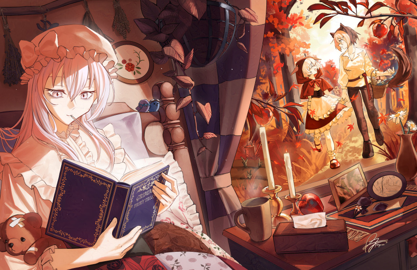3girls, alisa_(osu!), animal_ears, apple, big_bad_wolf, big_bad_wolf_(cosplay), book, candle, chirou_(osu!), commentary, cosplay, dress, english_commentary, flower, food, frilled_shirt, frills, fruit, grimm's_fairy_tales, hat, highres, holding, holding_book, hood, hood_up, indoors, kemonomimi_mode, little_red_riding_hood, little_red_riding_hood_(grimm), little_red_riding_hood_(grimm)_(cosplay), lolita_fashion, long_hair, multiple_girls, osu!, partyu, pippi_(osu!), reading, red_dress, red_hood, shirt, short_hair, smile, stuffed_animal, stuffed_toy, tail, teddy_bear, tissue_box, vase, white_hat, white_shirt, window, wolf_ears, wolf_girl, wolf_tail