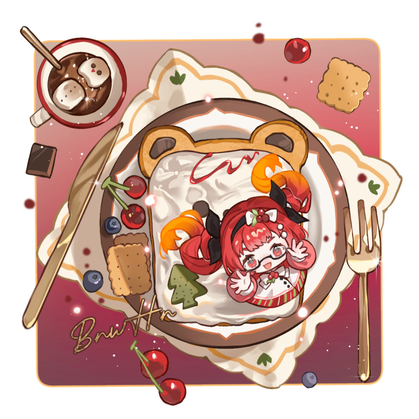 1girl, :d, angela_(wangzhe_rongyao), black_hairband, border, bow, bread, bread_slice, cherry, chibi, chilizi, cookie, cream, cup, dress, food, food_focus, from_above, fruit, full_body, glasses, gradient_hair, hair_bow, hairband, hands_up, highres, long_hair, looking_at_viewer, multicolored_hair, orange_hair, oversized_food, oversized_fork, oversized_object, plate, red_background, red_dress, red_eyes, red_hair, smile, solo, table_knife, toast, twintails, wangzhe_rongyao, white_border, white_bow