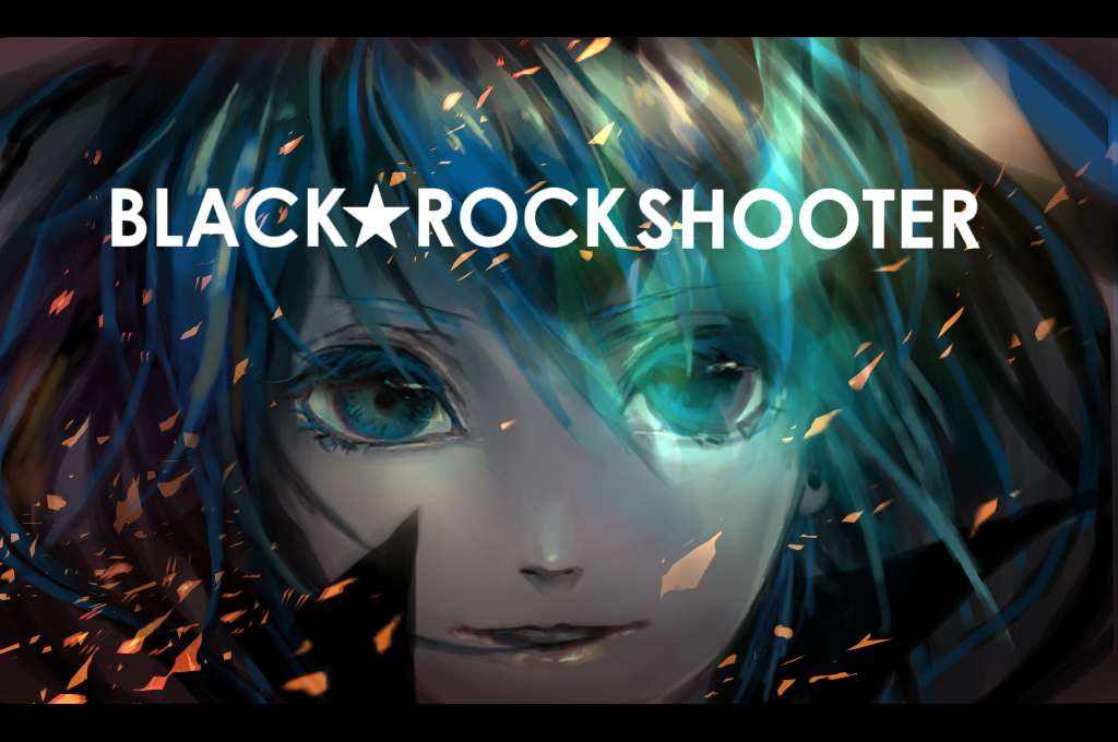 black_rock_shooter_(character), blue_eyes, blue_hair, colored_eyelashes, ena1215, eyelashes, face, glowing, glowing_eye, glowing_eyes, letterboxed, portrait, text