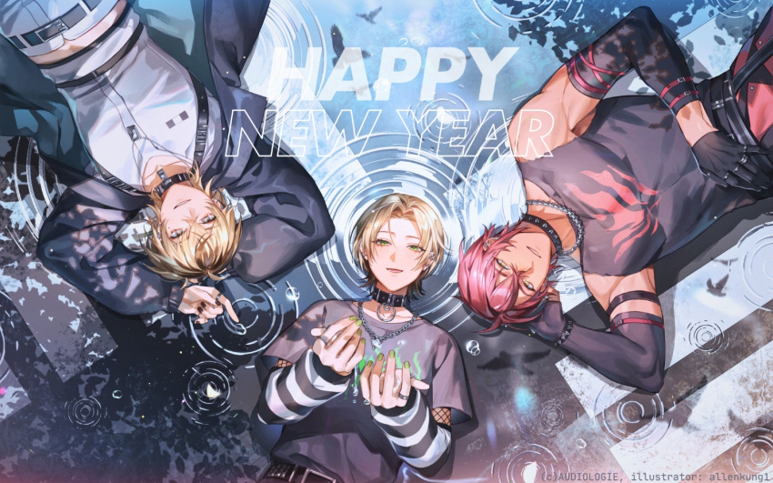 3boys, allenkung1, andi_(synthesizer_v), artist_name, belt, black_belt, black_gloves, black_jacket, black_nails, black_shirt, black_tank_top, blonde_hair, commentary, copyright_notice, crossed_bangs, english_commentary, fingernails, fishnets, gloves, green_eyes, grey_eyes, hair_between_eyes, happy_new_year, jacket, jewelry, jun_(synthesizer_v), lying, multiple_boys, necklace, noa_(synthesizer_v), open_clothes, open_jacket, print_shirt, red_hair, ring, ripples, second-party_source, shirt, striped_arm_warmers, synthesizer_v, tank_top, white_shirt, yellow_eyes