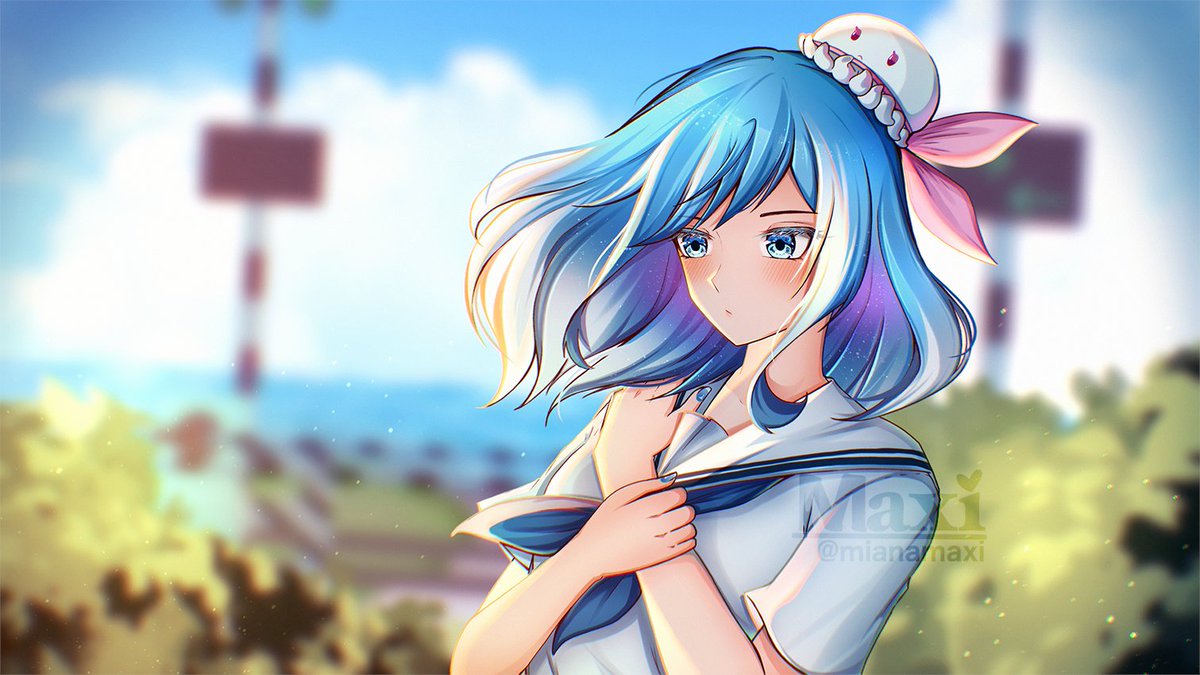 1girl, artist_name, blue_eyes, blue_hair, blue_nails, blue_sailor_collar, blurry, blurry_background, clouds, commentary_request, haiyi, medium5, medium_hair, mianamaxi, sailor_collar, short_sleeves, solo, synthesizer_v, twitter_username, white_sailor_collar
