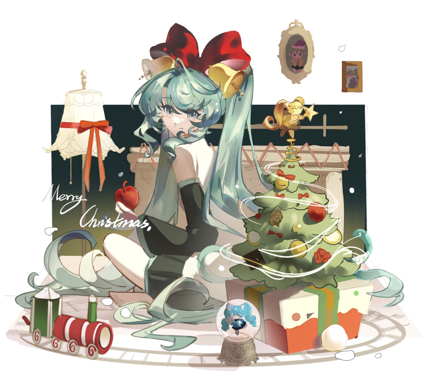 1girl, apple, aqua_eyes, aqua_hair, bell, black_skirt, black_sleeves, bow