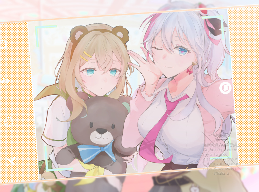 2girls, :i, ;), animal_ears, bear_ears, blue_eyes, bow, bowtie