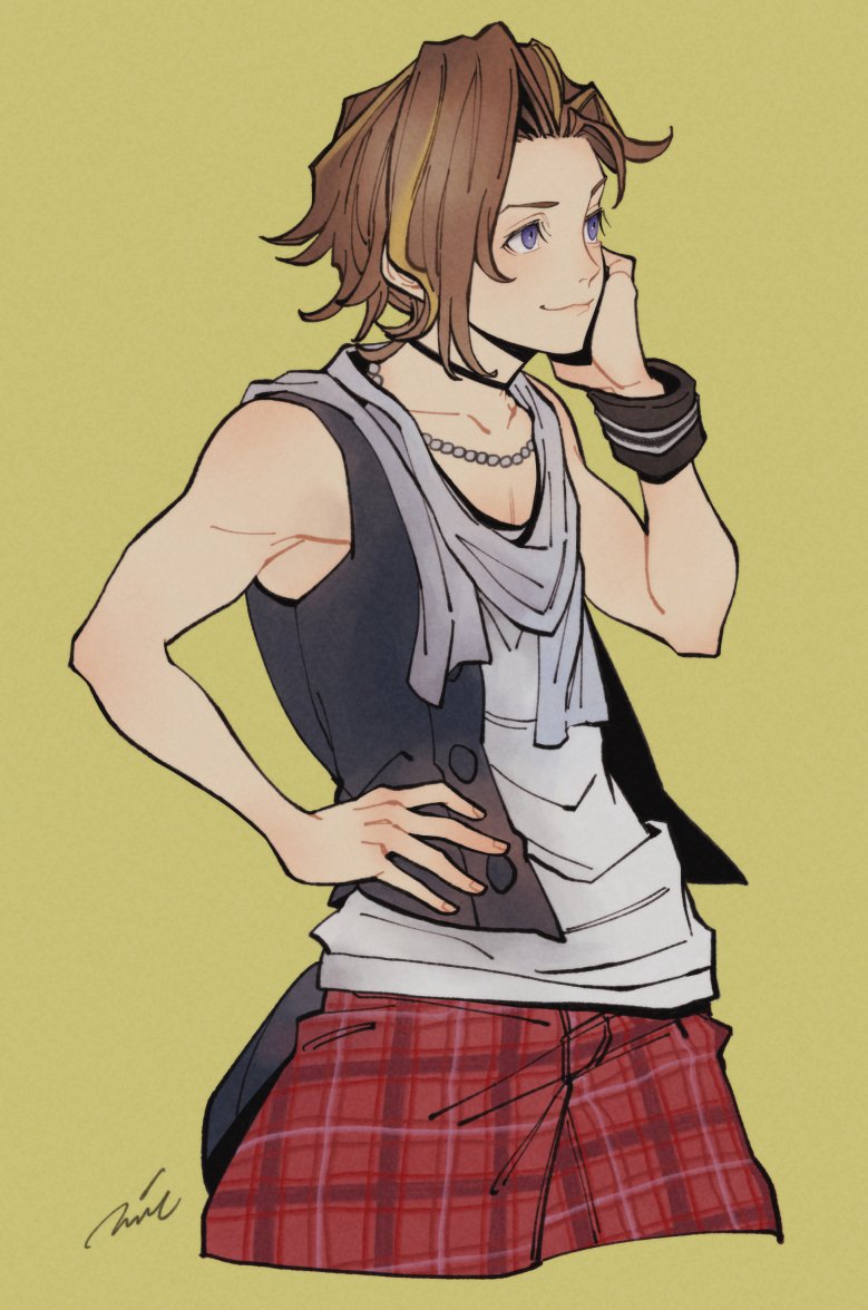 1boy, bead_necklace, beads, black_jacket, brown_hair, closed_mouth, furesawa_tousai, hand_on_own_face