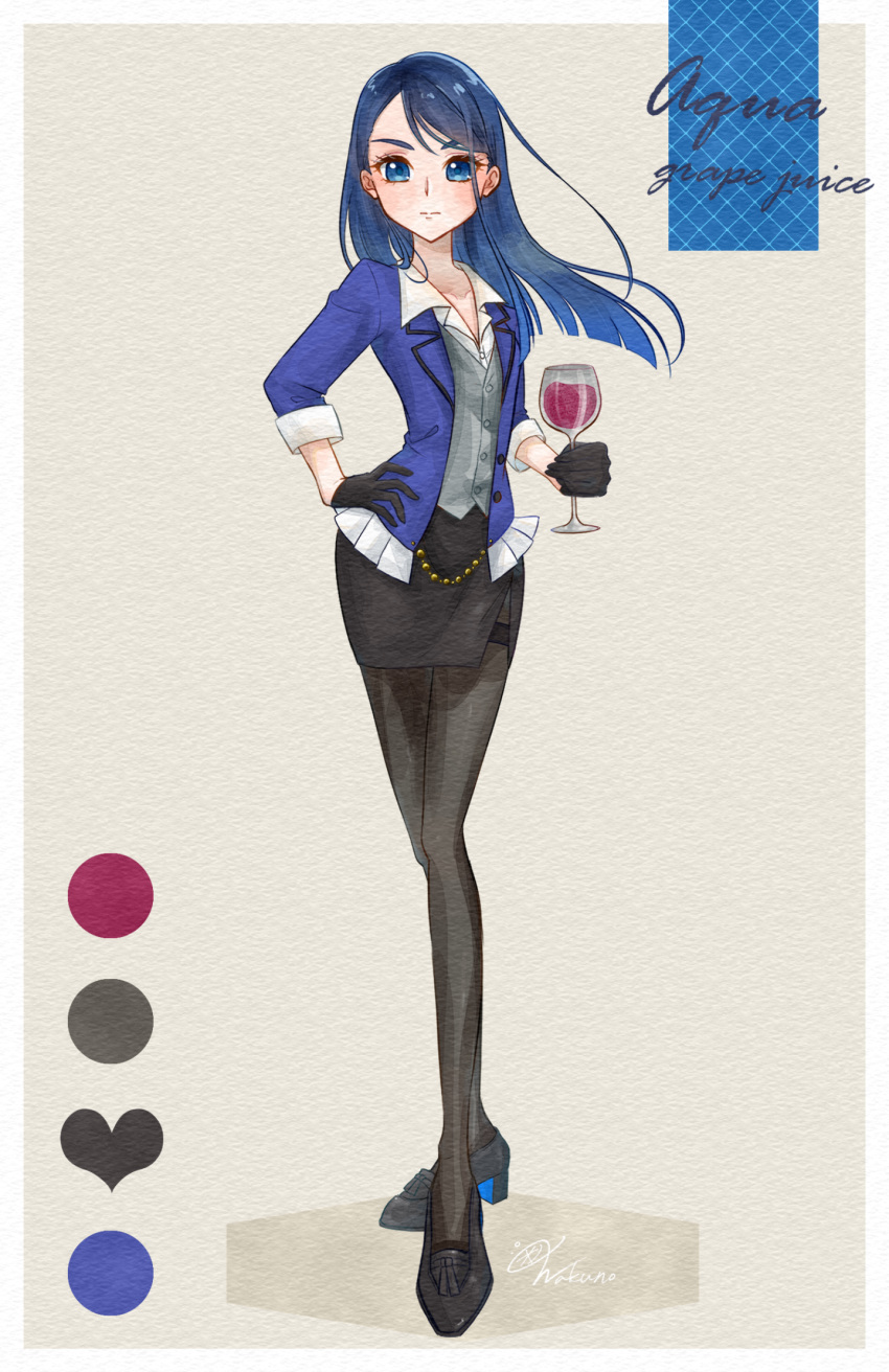 1girl, black_gloves, black_pantyhose, black_shoes, black_skirt, blue_eyes, blue_hair, blue_jacket