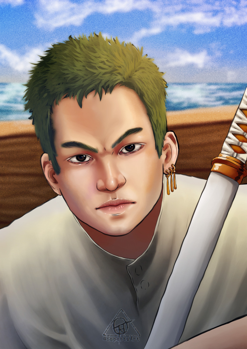 1boy, artist_name, black_eyes, closed_mouth, clouds, cloudy_sky, commentary, earrings, empestiart, english_commentary, green_hair, highres, jewelry, katana, looking_at_viewer, male_focus, one_piece, one_piece_(live_action), outdoors, roronoa_zoro, shirt, short_hair, signature, single_earring, sky, solo, sword, weapon, white_shirt