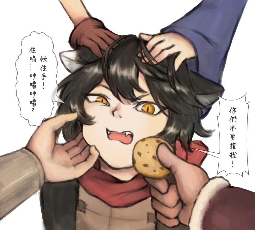 2girls, 3boys, animal_ear_fluff, animal_ears, black_hair, cat_ears, cat_girl, chilchuck_tims, commentary_request, cookie, dungeon_meshi, food, headpat, highres, izutsumi, laios_touden, looking_at_viewer, lulala615, marcille_donato, multiple_boys, multiple_girls, open_mouth, scratching_chin, senshi_(dungeon_meshi), short_hair, simple_background, slit_pupils, speech_bubble, translation_request, v-shaped_eyebrows, white_background, yellow_eyes