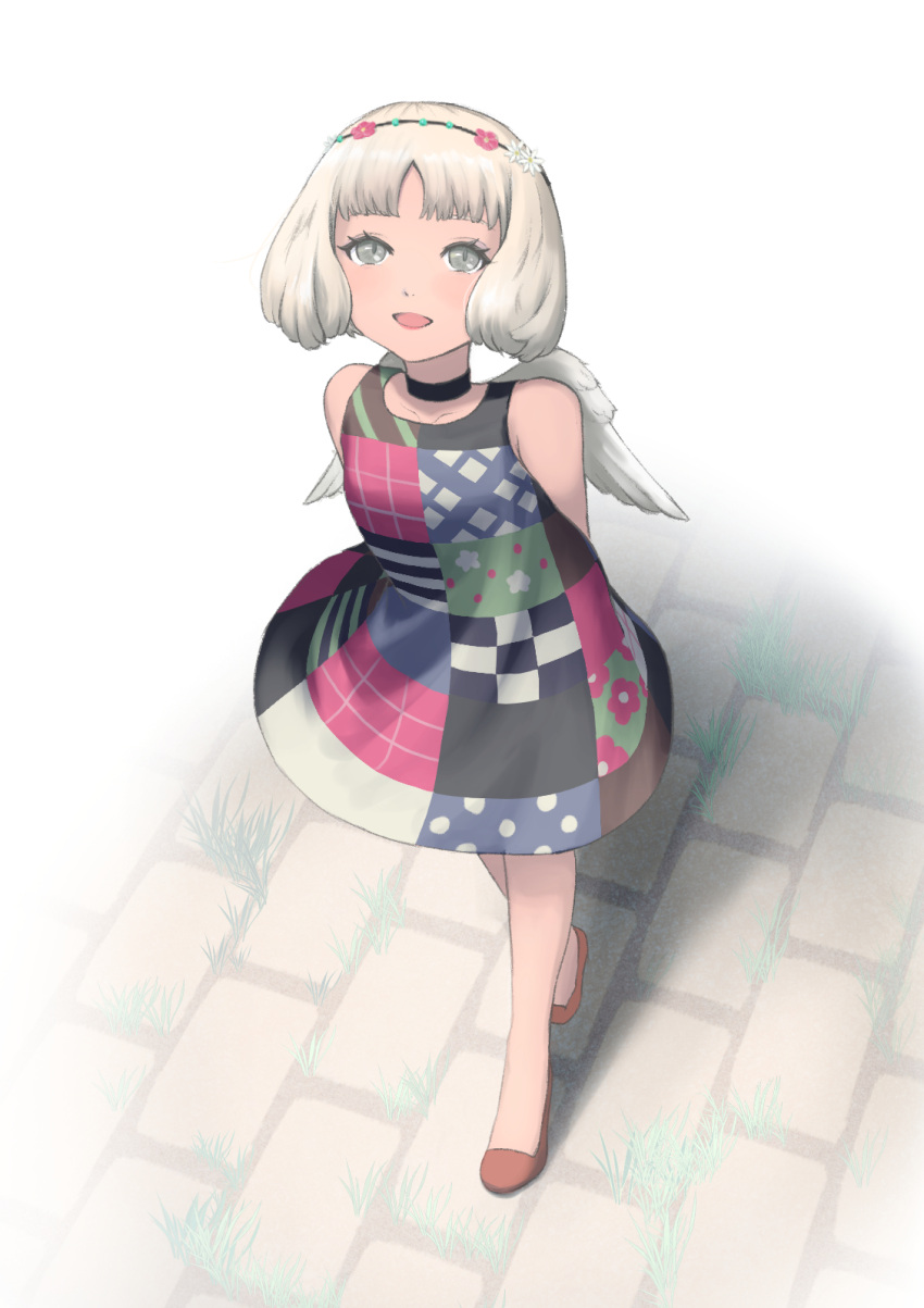 1girl, arms_behind_back, chinese_commentary, commentary_request, dress, from_above, full_body, grey_eyes, grey_hair, head_wreath, highres, looking_at_viewer, lulala615, maria_(metaphor:_refantazio), metaphor:_refantazio, multicolored_dress, open_mouth, short_hair, smile, solo, standing, walking, wings