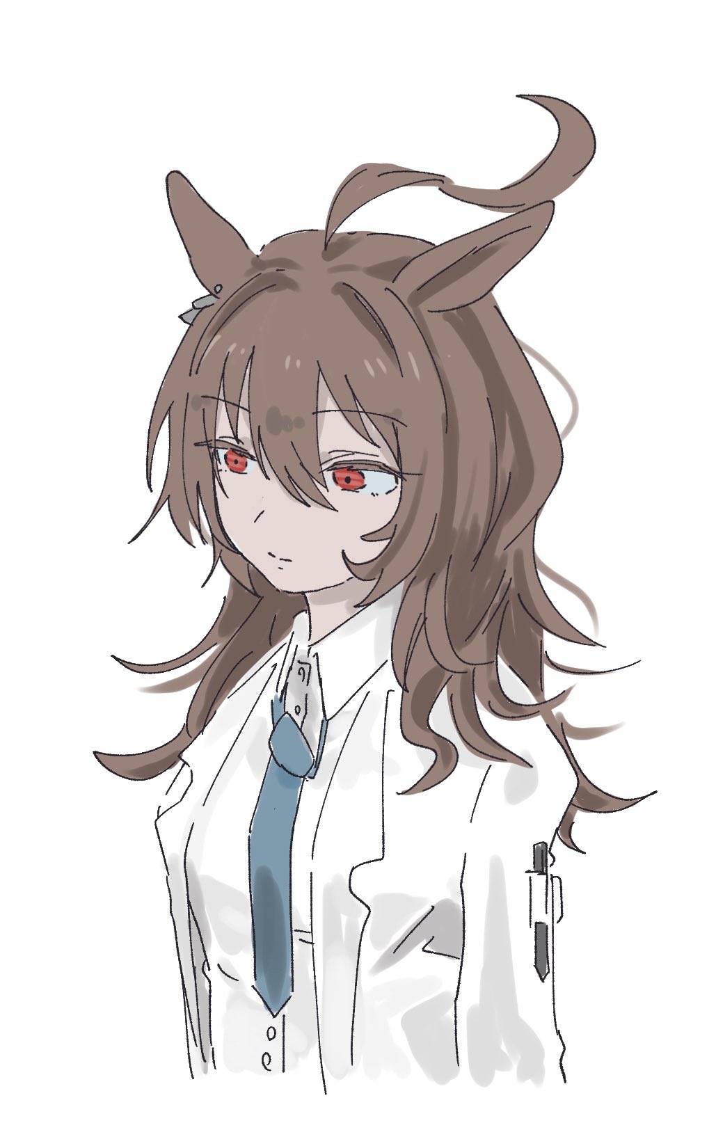 1girl, agnes_tachyon_(umamusume), ahoge, alternate_hair_length, alternate_hairstyle, animal_ears, blue_necktie, closed_mouth, coat, collared_shirt, earrings, expressionless, hair_between_eyes, highres, horse_ears, horse_girl, huge_ahoge, jewelry, lab_coat, long_hair, loose_necktie, messy_hair, miea_km_86, necktie, open_clothes, open_coat, pen, red_eyes, shirt, simple_background, single_earring, solo, umamusume, white_background, white_shirt