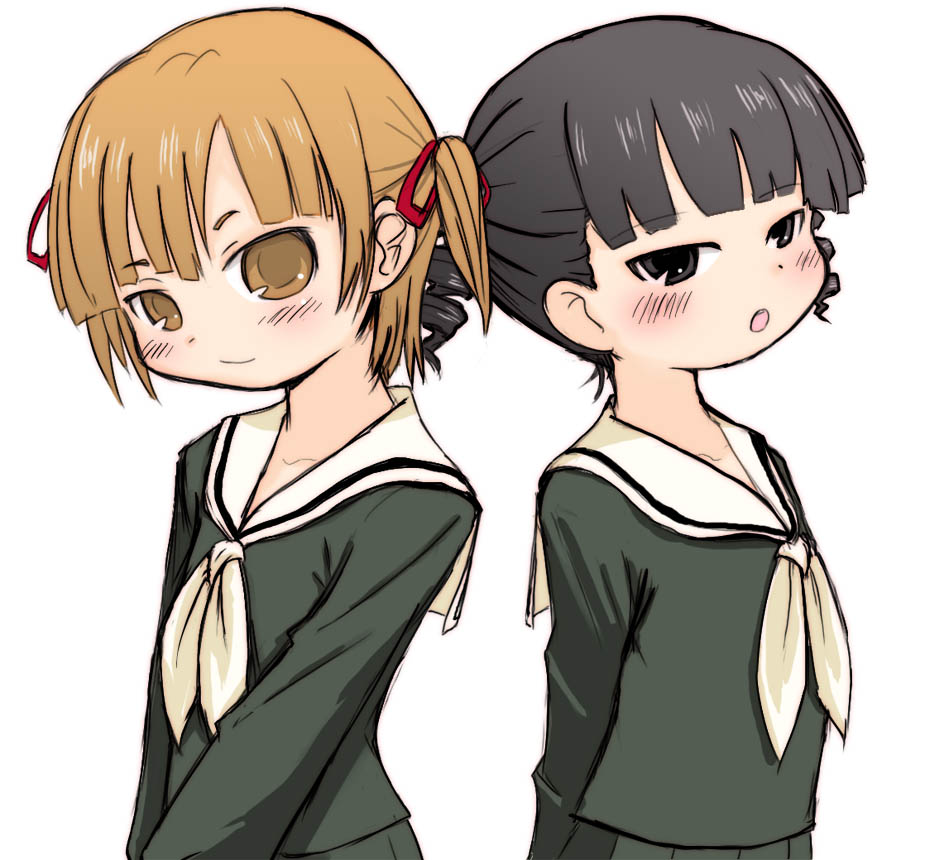black_hair, brown_eyes, brown_hair, cosplay, drill_hair, fukuzawa_yumi, fukuzawa_yumi_(cosplay), hair_ribbon, maria-sama_ga_miteru, marui_mitsuba, matsudaira_touko, matsudaira_touko_(cosplay), mitsudomoe, ribbon, school_uniform, short_twintails, sugisaki_miku, twin_drills, twintails, yuuichi_(tareme_paradise)