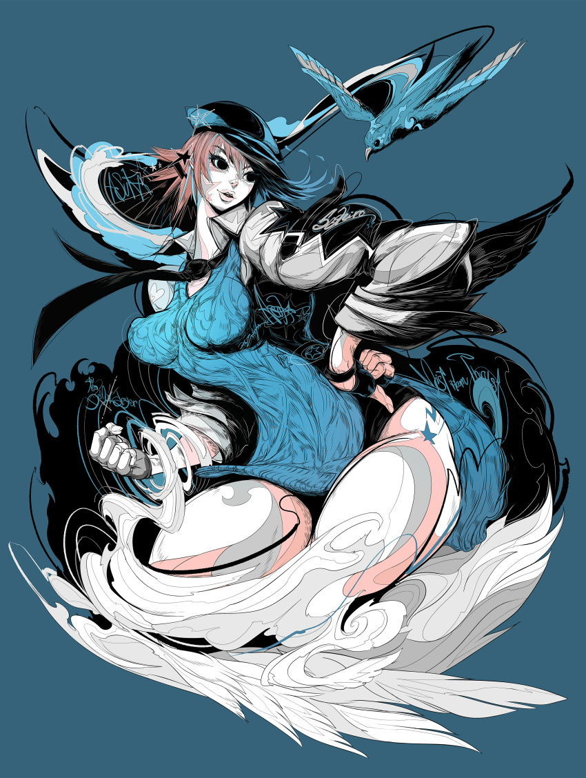 1girl, absurdres, aqua_eyes, bird, black_necktie, blue_background, blue_hat, blue_sweater_vest