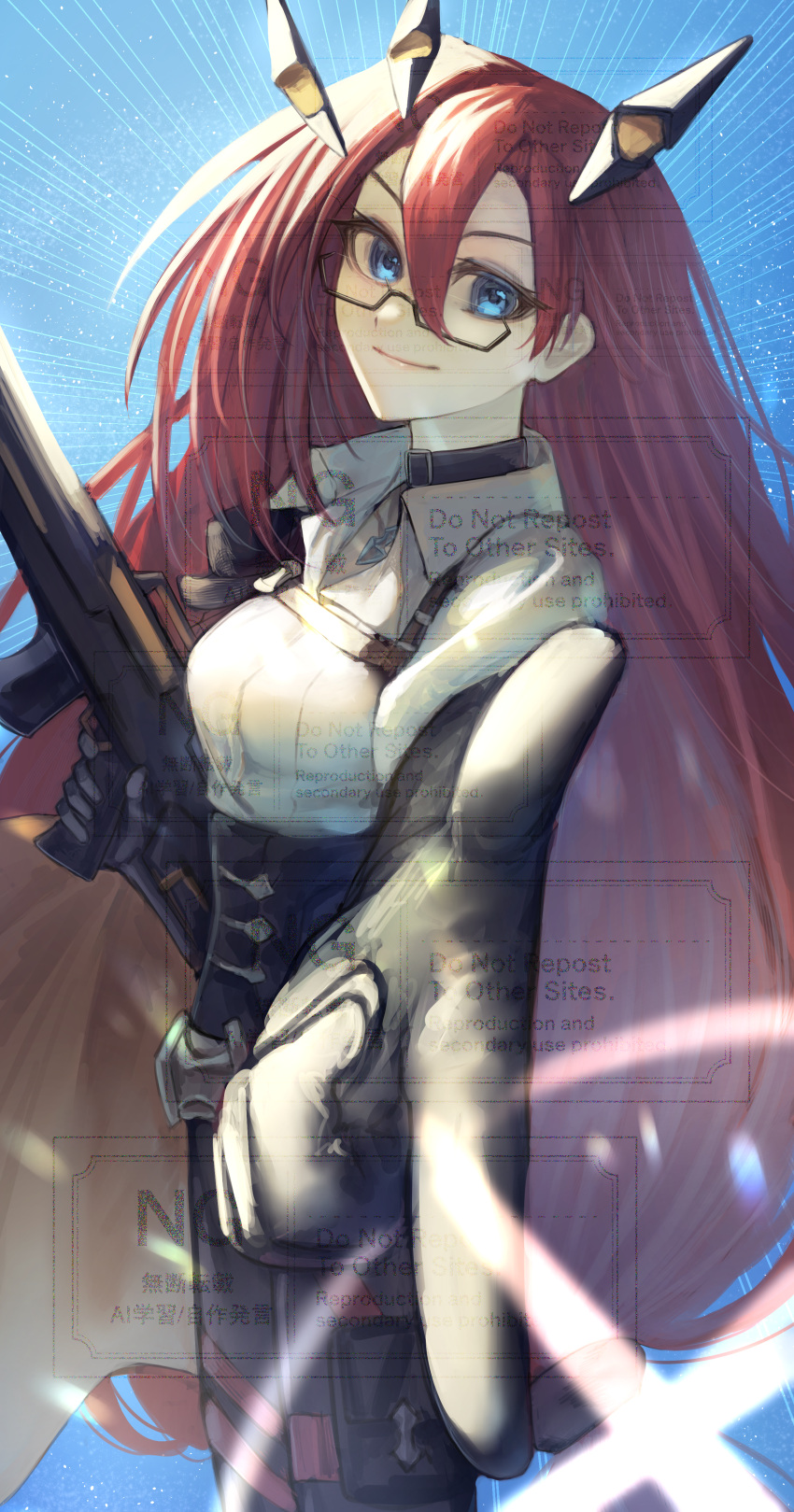 1girl, absurdres, black_choker, black_gloves, black_pants, blue_background, blue_eyes, breasts