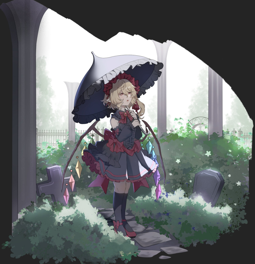 1girl, absurdres, alternate_color, alternate_costume, alternate_headwear, artist_collaboration, black_shirt, black_skirt, black_socks, blonde_hair, bow, bowtie, commentary, crystal, crystal_wings, detached_sleeves, english_commentary, flandre_scarlet, frilled_hairband, frills, hairband, hat, highres, holding, holding_umbrella, kiiji_yetrieuu, kneehighs, mixed-language_commentary, multicolored_wings, no_noru, outdoors, parasol, pointy_ears, red_bow, red_bowtie, red_eyes, red_hairband, red_shoes, shirt, shoes, side_ponytail, skirt, skirt_set, sleeveless, sleeveless_shirt, socks, solo, tombstone, touhou, umbrella, wings