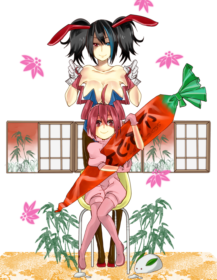 ahoge, alternate_costume, animal_costume, animal_ears, bad_id, bamboo, black_hair, blue_eyes
