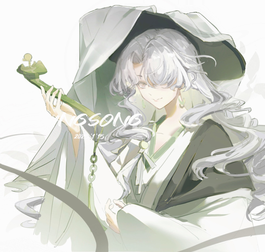 1girl, character_name, chinese_clothes, curly_hair, dated, hair_over_one_eye, hands_up, hanfu