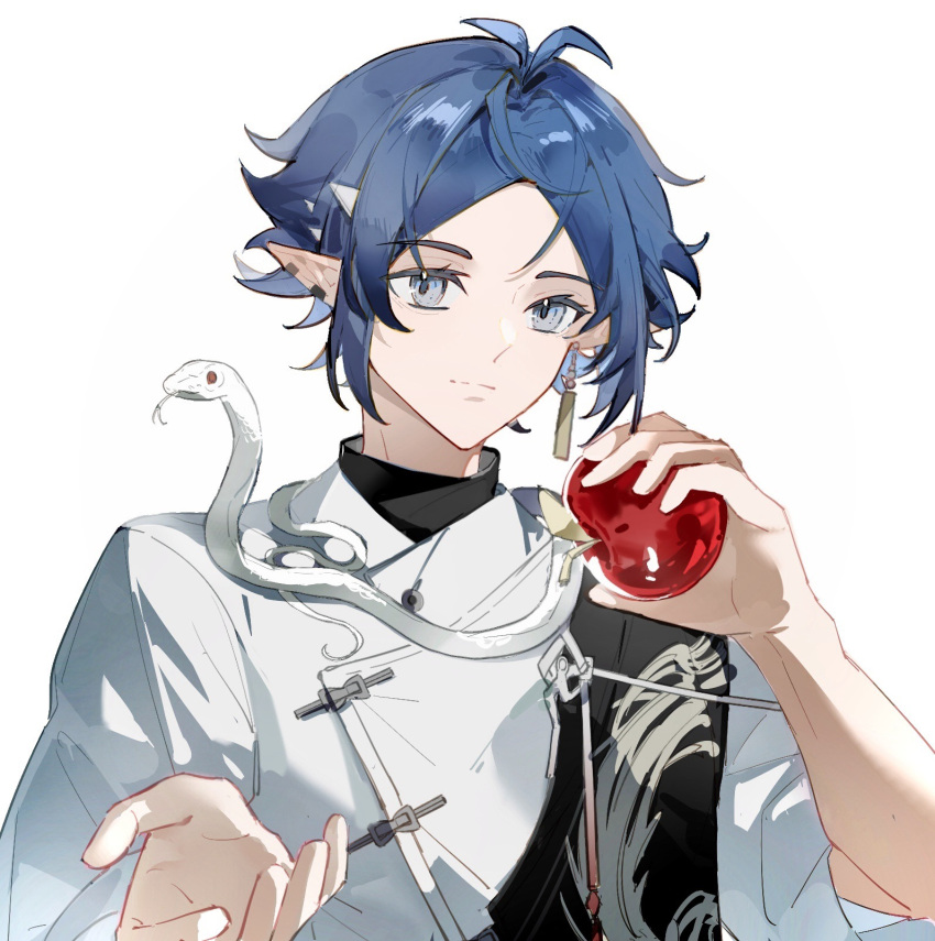 1boy, apple, arknights, blue_eyes, blue_hair, closed_mouth, earrings, food