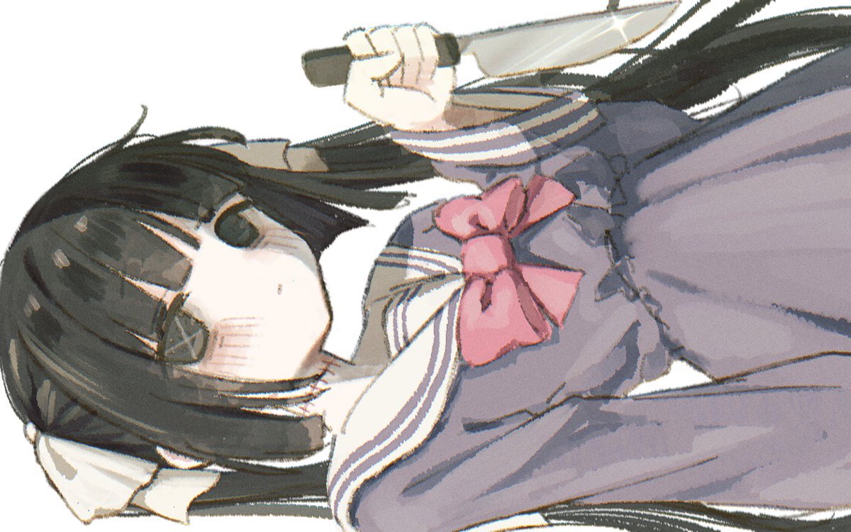 1girl, black_eyes, black_hair, bow, bowtie, dress, expressionless, glint