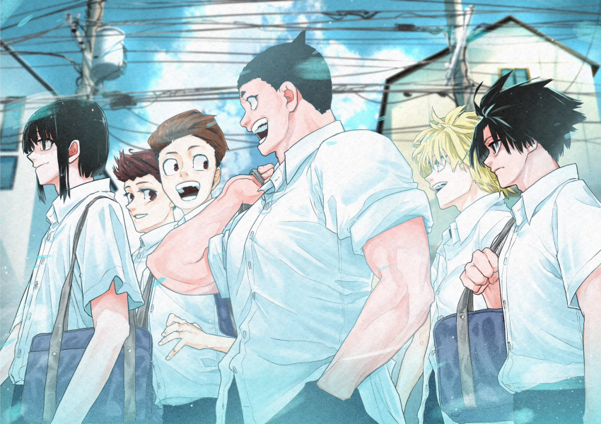 6+boys, ahoge, bag, black_hair, black_pants, blonde_hair, blue_sky, brown_hair