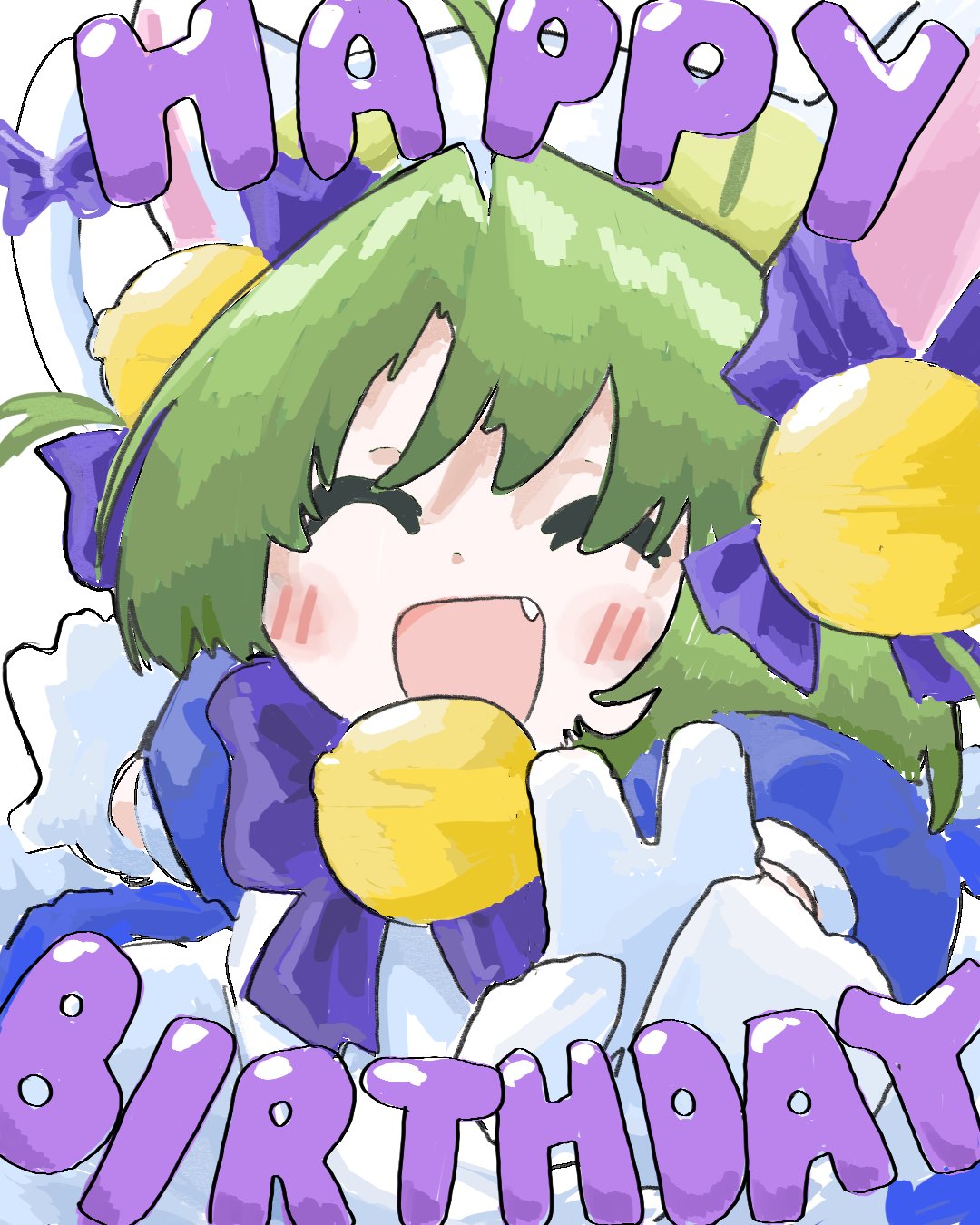 1girl, :d, ^_^, animal_hat, apron, bell, blue_dress, bow, bowtie, cat_hat, closed_eyes, commentary_request, dejiko, di_gi_charat, dress, facing_viewer, fang, fuuyukanufo, green_hair, hair_bell, hair_ornament, happy_birthday, hat, highres, jingle_bell, mittens, neck_bell, open_mouth, purple_bow, purple_bowtie, smile, solo, upper_body, v, white_mittens