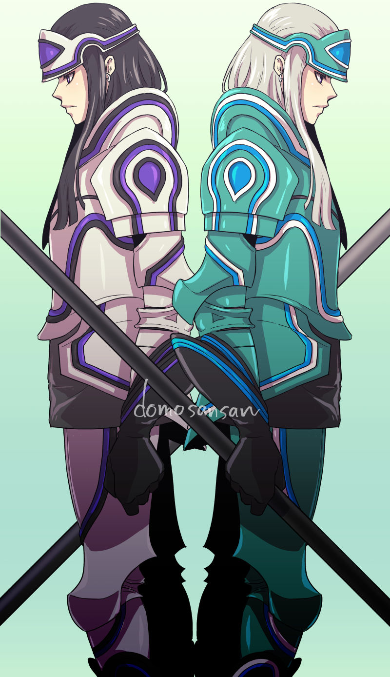 2boys, aqua_armor, armor, back-to-back, black_gloves, black_hair, blunt_sidelocks, breastplate