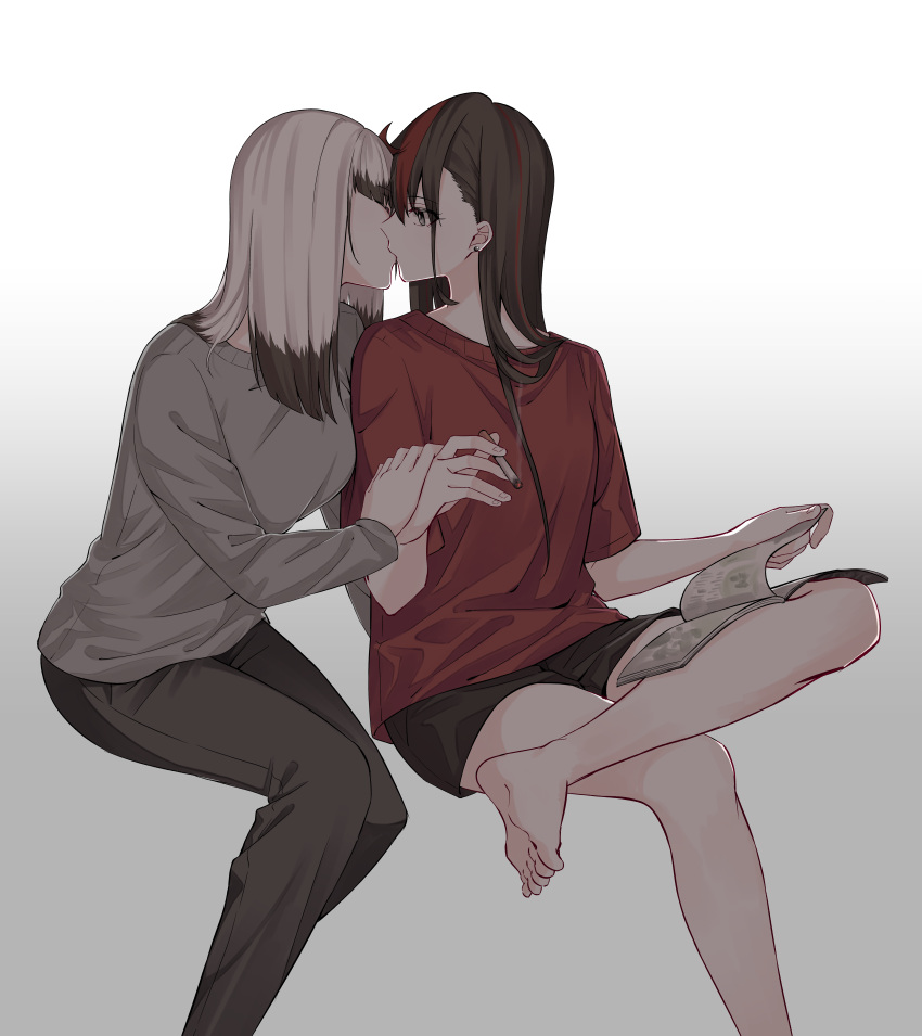 2girls, absurdres, barefoot, black_hair, black_shorts, blunt_bangs, book, breasts
