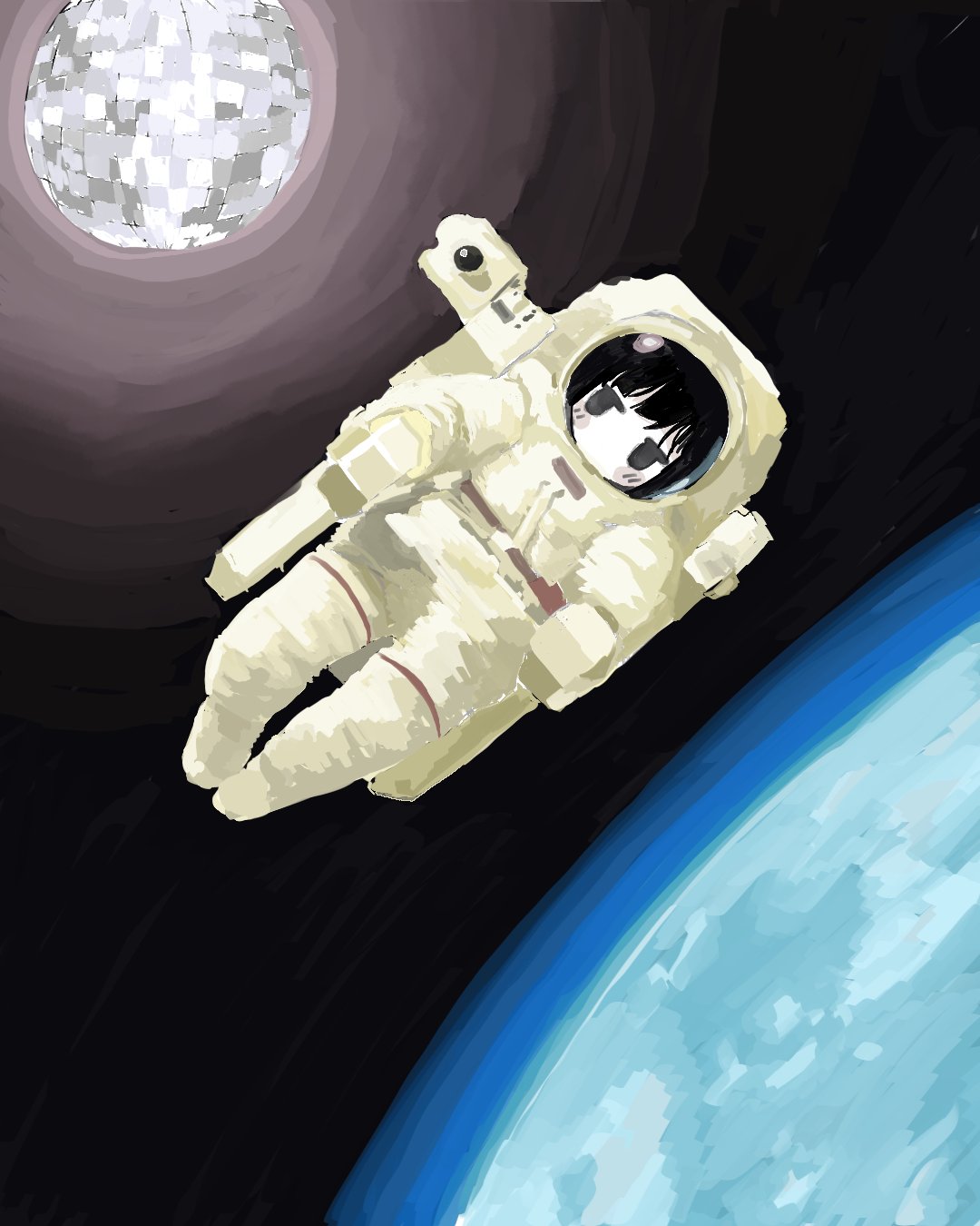1girl, album_cover, album_cover_redraw, astronaut, black_hair, blush, chiffon_capitalism_(soutaisei_riron), commentary, cover, derivative_work, disco_ball, earth_(planet), fuuyukanufo, helmet, highres, jitome, looking_at_viewer, moon, no_mouth, pale_skin, planet, short_hair, solo, soutaisei_riron_(band), space_helmet, spacesuit, zero_gravity